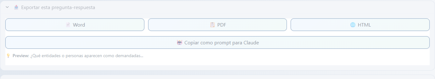 Botones de exportación directa del chat: Word, PDF, Excel con la respuesta generada